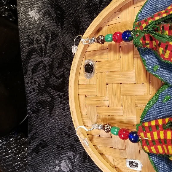 Jazzy Blue Jean fabric kente cloth print African fabric Fringes earrings - Picture 9 of 9